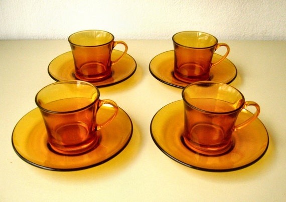 Vintage Duralex Amber Glass Coffee Or Tea Set Of 4 Cups And