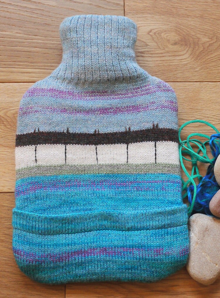 Knitted hot water bottle cover with seaside by LindaAnnBingham