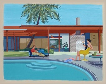 Mid Century Modern Eames Retro Limited Edition Print from Original Painting Pool Guy Girl Cocktails