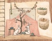Blankie fort bunny easter mother's day print gouache illustration lavender pink vanilla cream children nursery