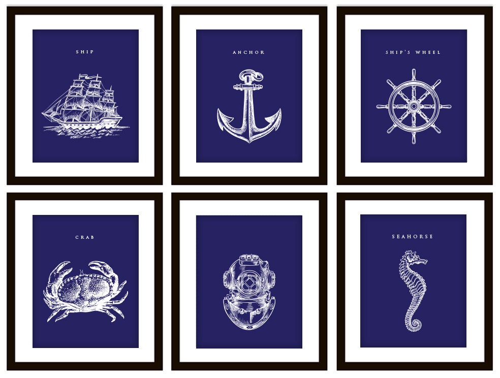 6 Nautical Navy Blue Art Prints ANY color by PrintsofBeauty