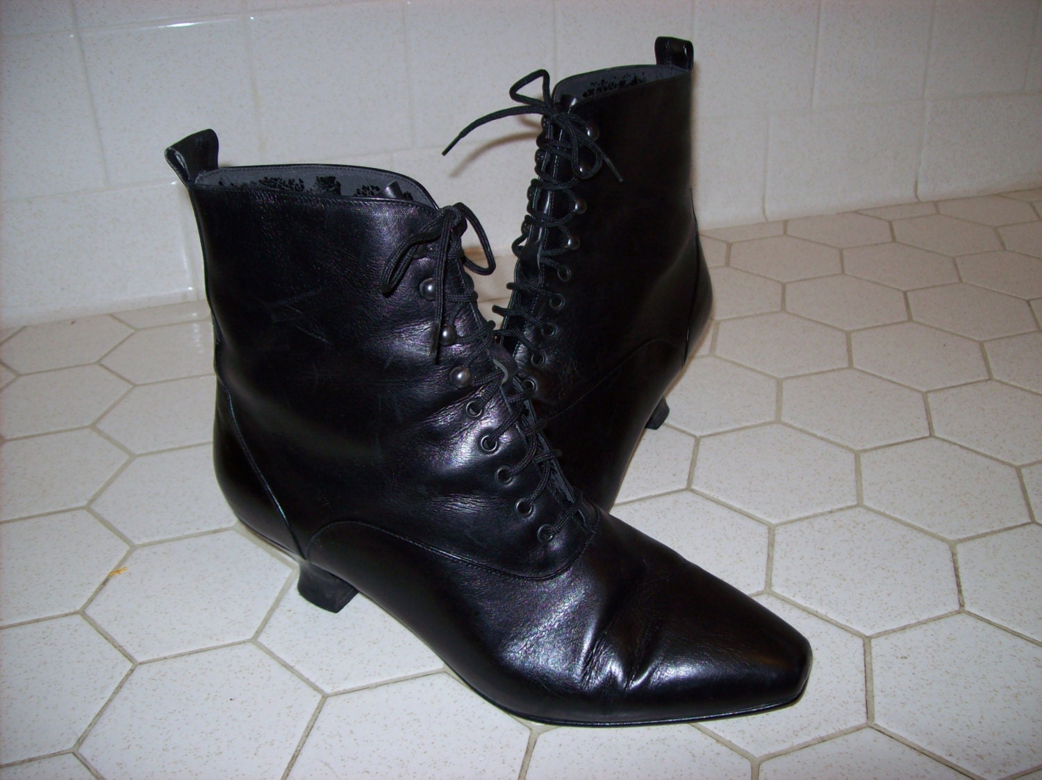 Black Leather Granny Boots in Womens Size 8.5 by AStepBackBoutique