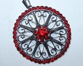 Vintage Silver Pendant with Red Crystals.