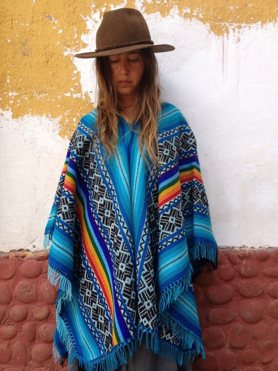 The Child's Heart Blue Peruvian Poncho / Cape with Incan