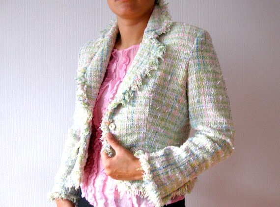 Silk Boucle Jacket Plaid Tweed Pastel Green Blue Pink Mod