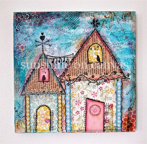Items similar to Original Painting of two whimsical cottages mixed