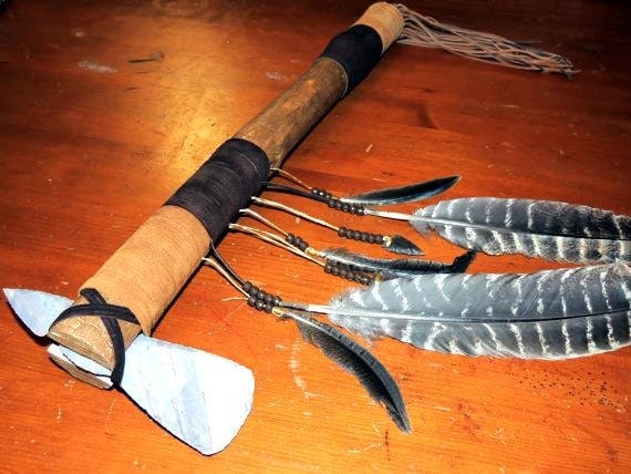 Native American Stone Blade Tomahawk With Feathers Beads And