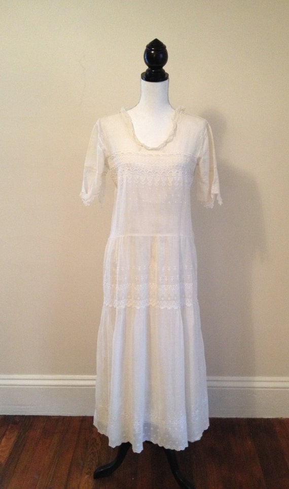 1920's White Cotton Embroidered Dress by TreasureHauteCouture