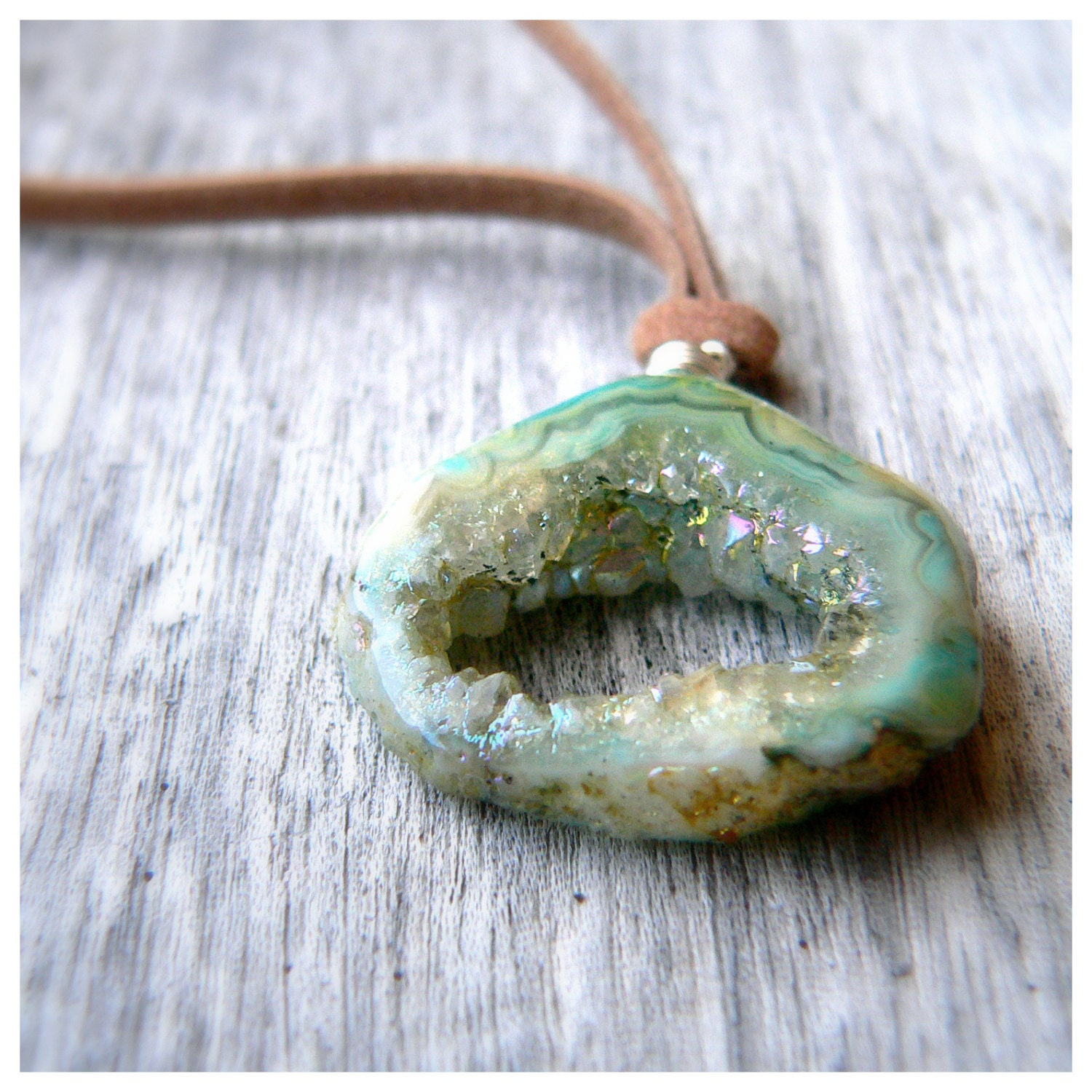Druzy Agate Geode Slice Pendant on Suede Cord