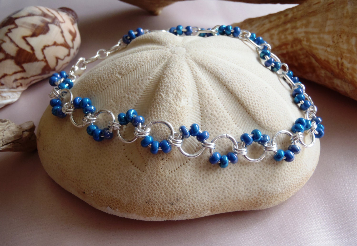 Beaded Anklet Blue Bead Chainmaille Anklet DNA Strand Weave