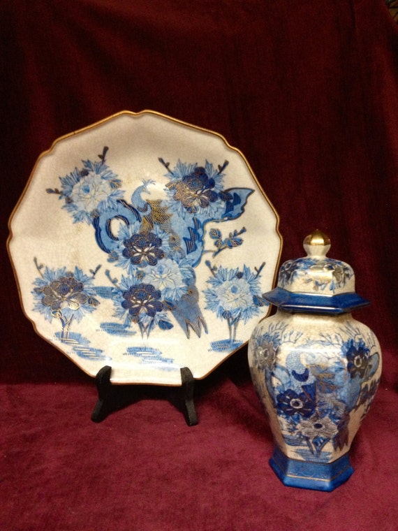 Vintage Ginger Jar and Plate Set Kutani of Japan by RANDOMONIUMM