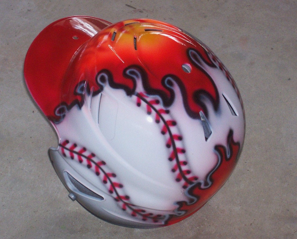  Airbrushed  Baseball  Batting  Helmet  FLAMING BASEBALL  new