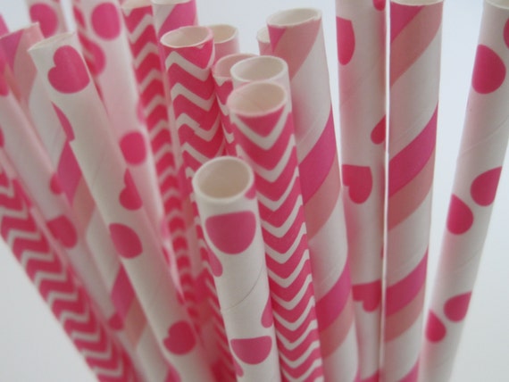 Hot Pink Straw Mix -Dot, Stripe, Hearts, Chevron - ships less than 24 hours Il_570xn
