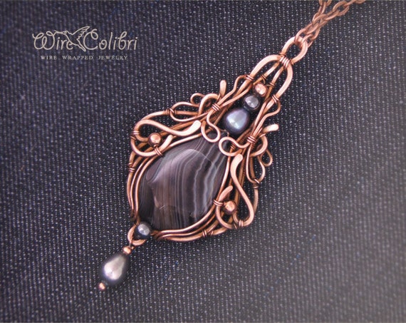 Black agate stone pendant necklace wire wrapped jewelry
