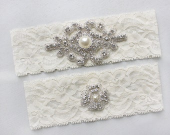 RACHEL II - Vintage Inspired Wedding Lace Garter, Rhinestone Crystal Bridal Garter Set, Pearl Wedding Garters