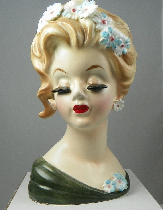 Vintage Lefton Lady Head Vase with Daisies