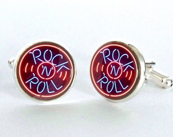 Rock & Roll Neon Sign Silver Plated Cufflinks - Rock 'n' Roll Cufflinks - gift for music lover - Fathers Day Gift