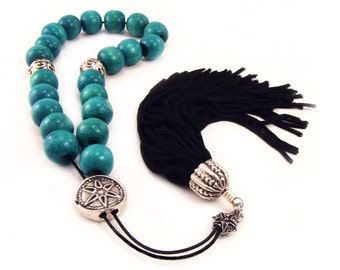 Greek Worry Beads Komboloi Blue Wood Beads with Silvertone Shield Bead & Black Tassel