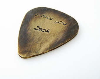 custom guitar pick I love you Valentines Day Personalized Hand Stamped boyfriend gift Brass or Aluminum