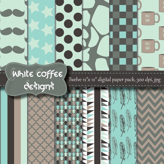 Scrapbook paper, Digital Paper, Father's day, Mustache, Arrow, Feathers, Chevron, Quatrefoil, Blue, Gray, Brown Paper, Instant download Il_570xn