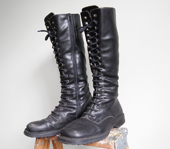 Vintage Tall Combat Boots Leather Lace Up Punk Black