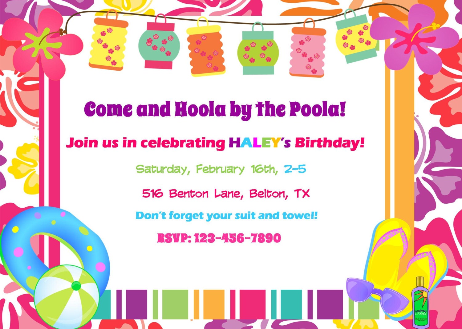 Luau Pool party Invitation Birthday Party Baby Shower Digital