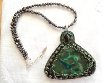Statement Beadwork Bead Embroidery Malachite & Hemalyke Magnetic Bead Necklace