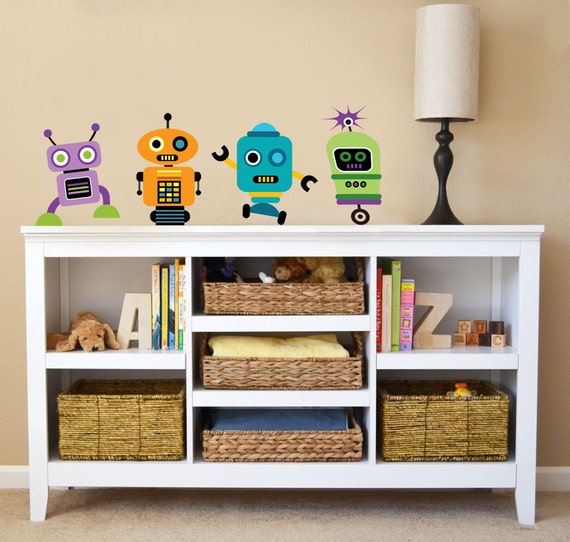 4 Wall Decals ROBOTS Children Bedroom Playroom Reusable Peel n