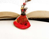 Red Ceramic Shard Necklace   Wire Wrapped Red Oriental Vintage Handmade Jewelry #14