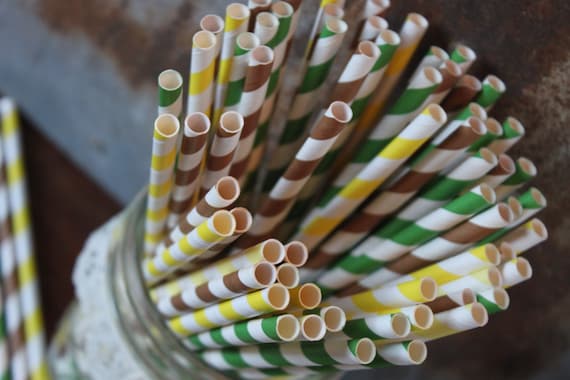 John Deere Vintage Tractor Paper Straw -- Set of 30 -- Yellow Green Brown Polka Dots Stripes Il_570xn