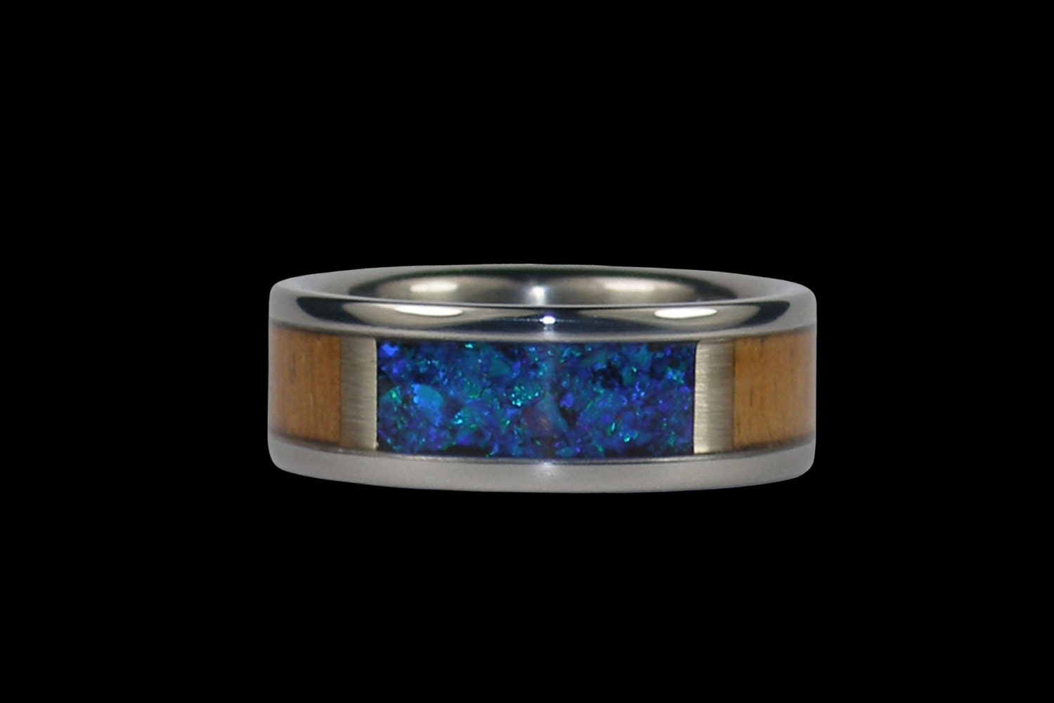 Blue Opal and Teak Wood Titanium Ring by Hawaiititanium on 