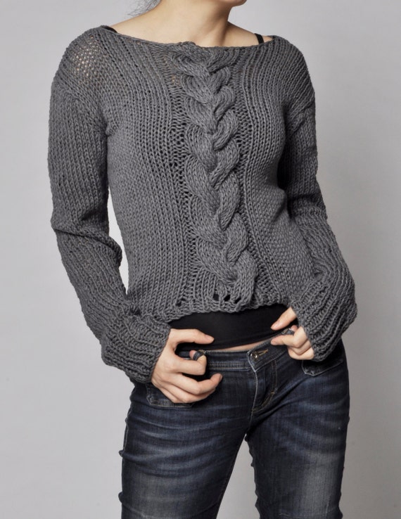 Items similar to Hand knitted sweater - Charcoal sweater cable pattern ...