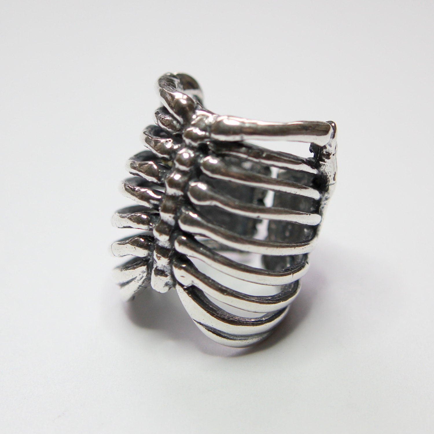 Silver Rib Cage Ring in Solid White Bronze with Sterling