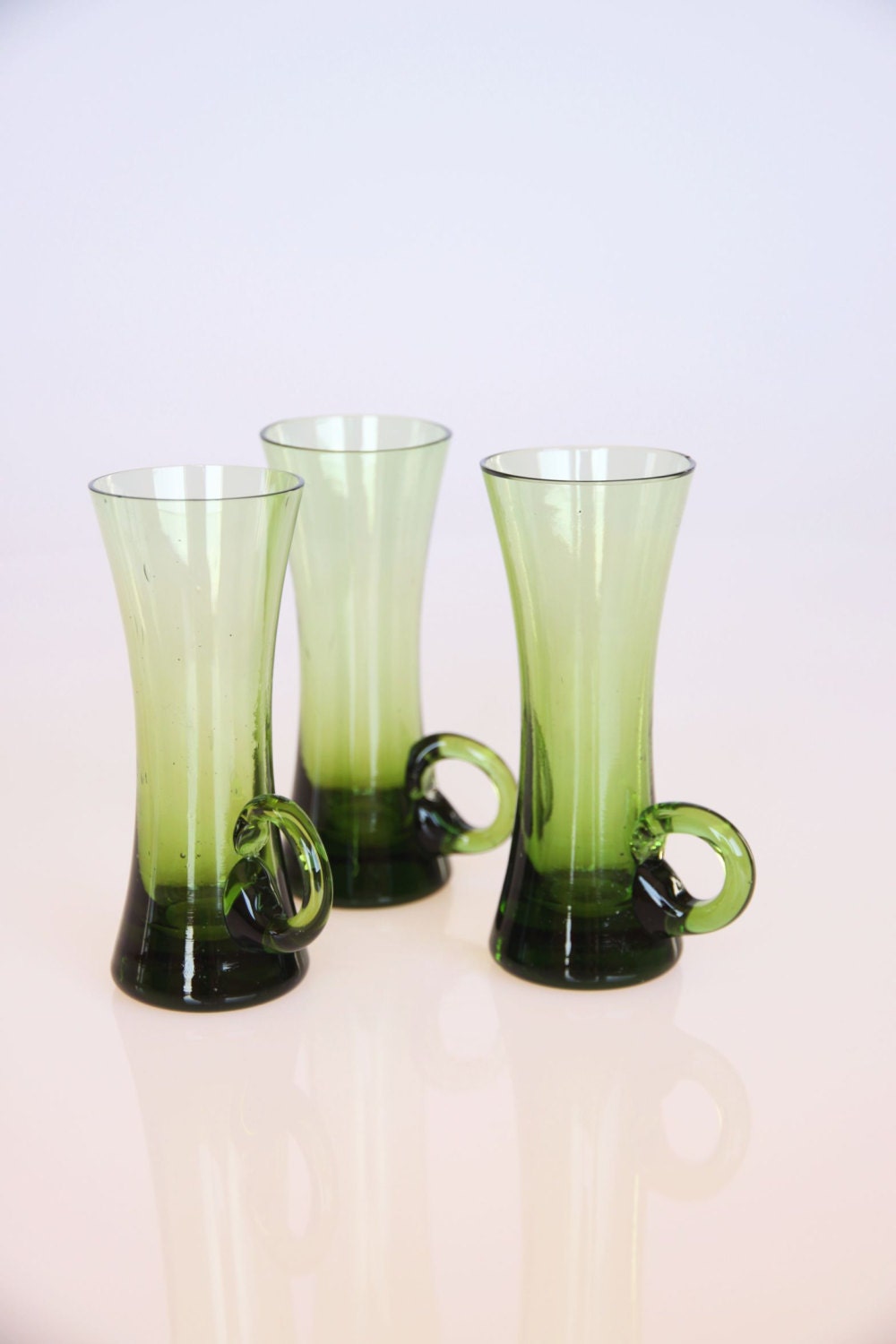 Vintage handmade green liquor glasses, 1950s retro green glassware, elf