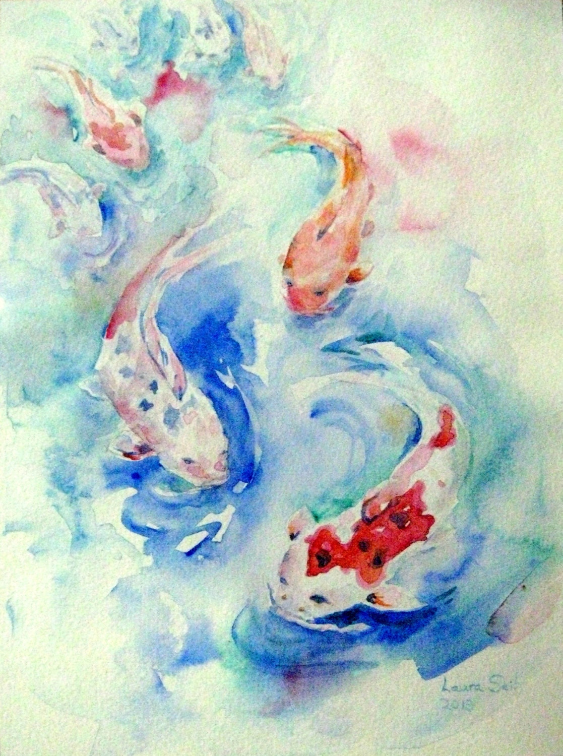 Eight Koi painting original koi watercolor lucky fish painting