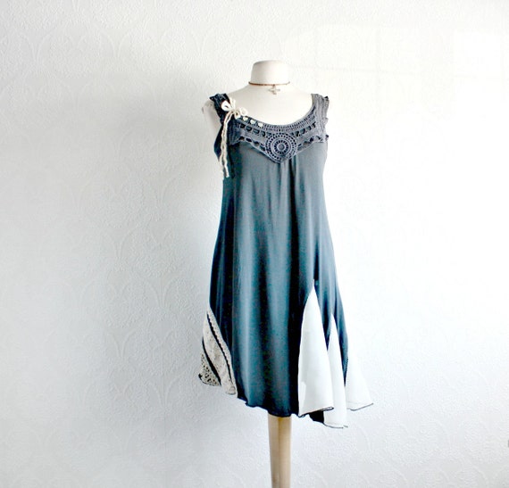 Dark Gray Summer Dress Bohemian Clothing Reconstructed Eco