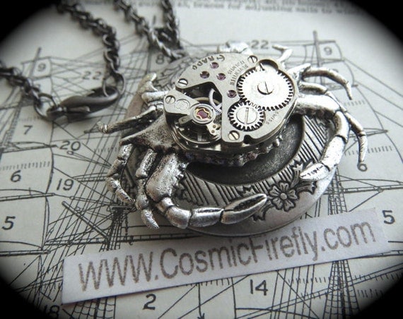 Steampunk Necklace Silver Crab Locket Necklace Vintage Watch Movement Rustic Silver Locket Gothic Victorian Steampunk Nautical Art Jewelry by CosmicFirefly steampunk buy now online