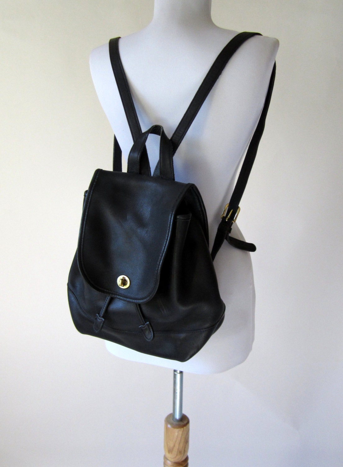Vintage Coach Black Leather Backpack Purse Bag by FabVintage