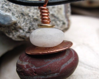 Oregon beach rock cairn- red jasper and white stacked rock pendant