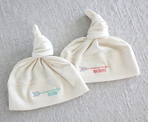 Organic Cotton Twins Baby Hats - Personalized with Arrow Design - YOU CHOOSE COLORS