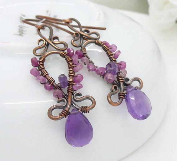 Copper and amethyst earrings with pink sapphires, Copper jewelry, Wire ...