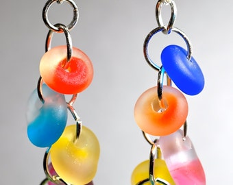 Rainbow sea glass style colorful fun glass dangles with bright beach glass beads, summery stylish and cool sparkly gift for her by Paulbead
