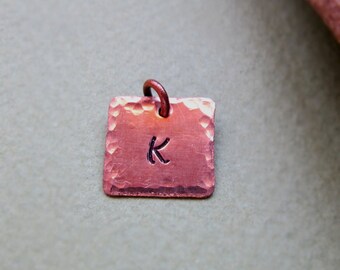 Personalized Copper Square Tag - Engraved Initial Charm - Hammered Hand Stamped Pendant - Initial Pendant - Engraved Square Charm Add On