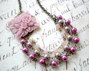Purple Necklace Flower Necklace Multi Strand Statement Necklace Beaded Bib Necklace Statement Beadwork Necklace Purple Pearl Necklace