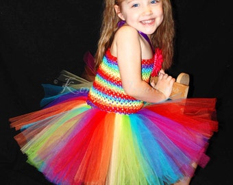 Rainbow Tutu Dress and Daisy Hair Clip Set - Size 2T to Girl's 6 - Can Be Worn Different Ways