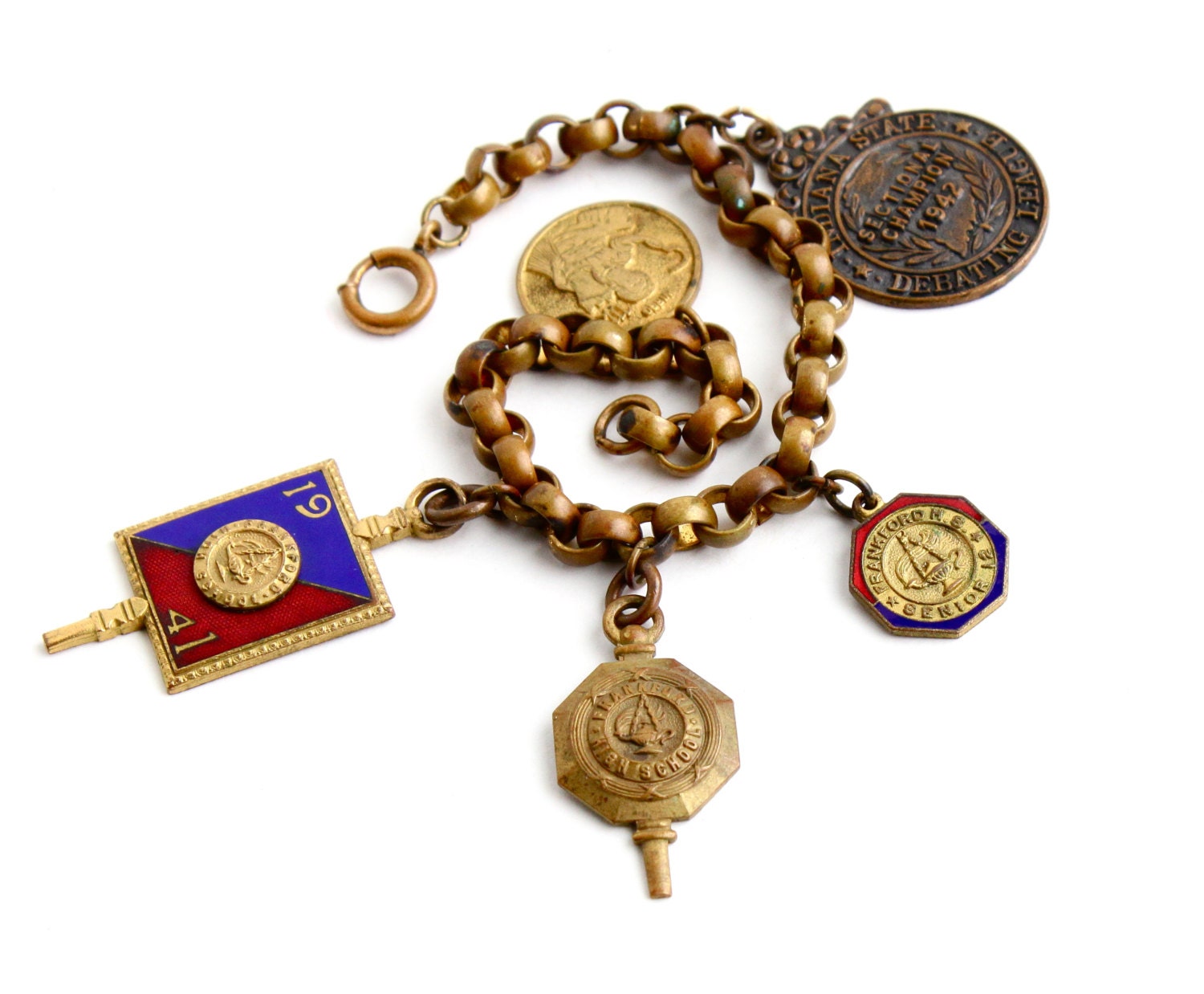 SALE Vintage Brass Charm Bracelet 1940s Costume Jewelry