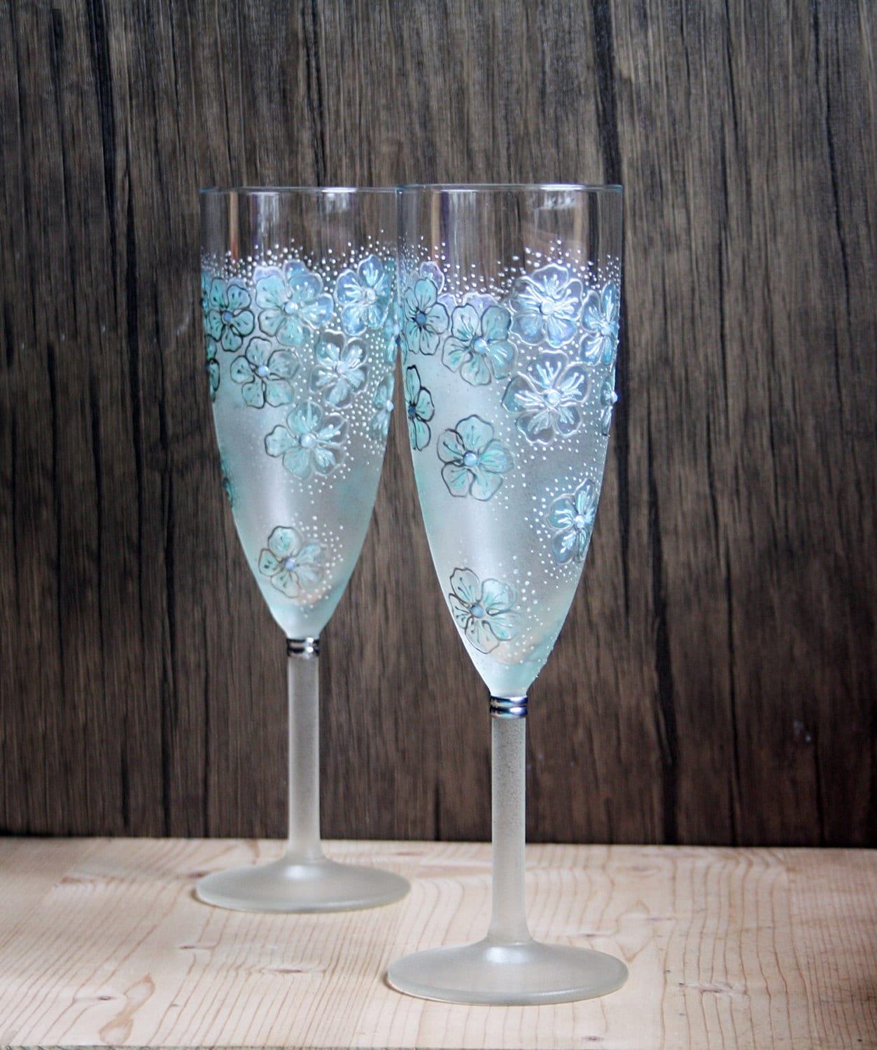 Mint Floral Design Hand Painted Wedding Champagne Flutes set