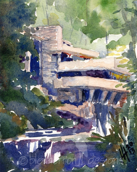 architecture watercolor Fallingwater Frank Lloyd Wright art