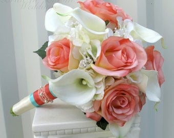Wedding bouquet - Coral cream real touch calla lily silk rose bridal bouquet