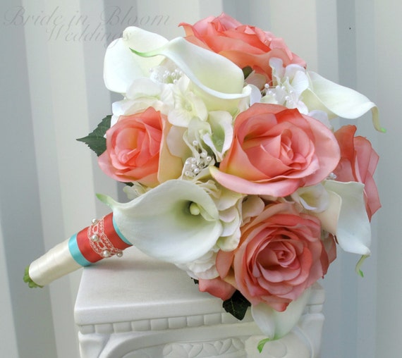 Wedding bouquet coral cream real touch by BrideinBloomWeddings